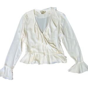 VTG y2k Ruffle Tie Front 100% Silk Top Blouse Womens 12 Cream Fairy Whimsical